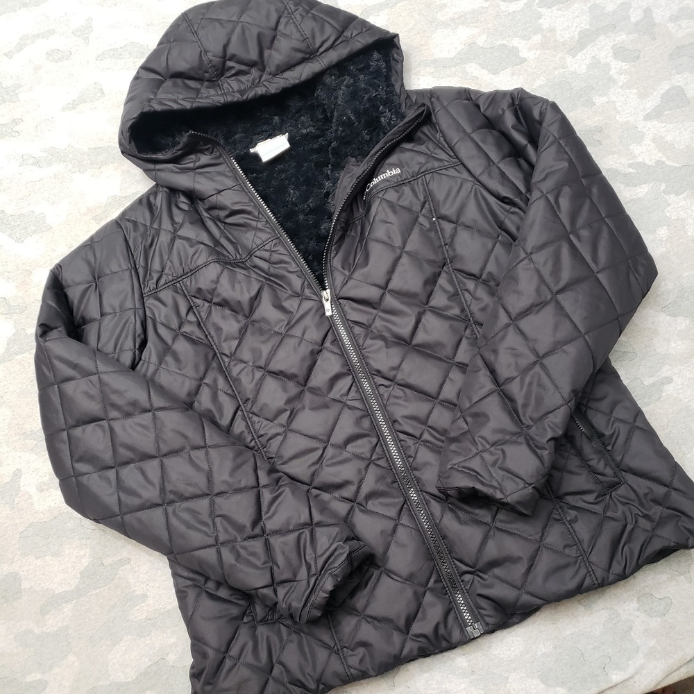 Columbia Jacket Womens XL Black Full Zip Hooded Diamond Quilted Fleece Lined - Picture 2 of 11